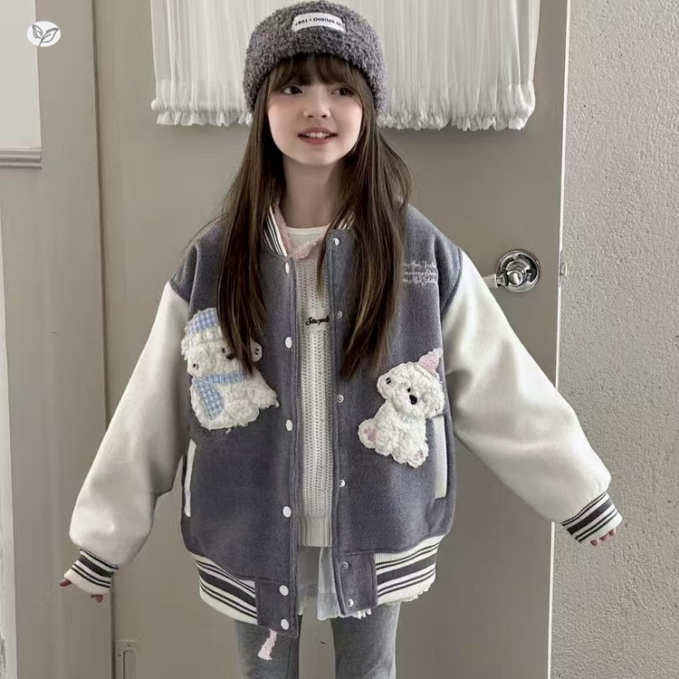 Jachetă baseball pentru fete, iarnă, cu broderie de cățeluș, guler rever, căptușeală din bumbac, stil japonez