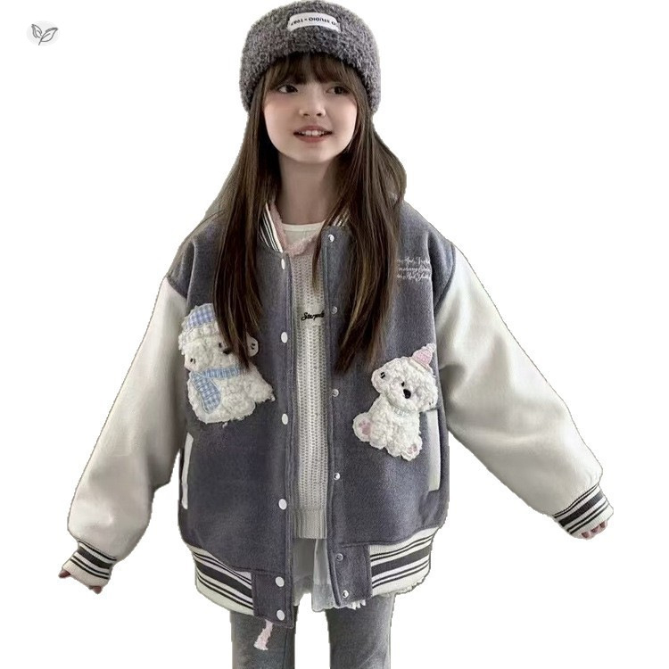 Jachetă baseball pentru fete, iarnă, cu broderie de cățeluș, guler rever, căptușeală din bumbac, stil japonez