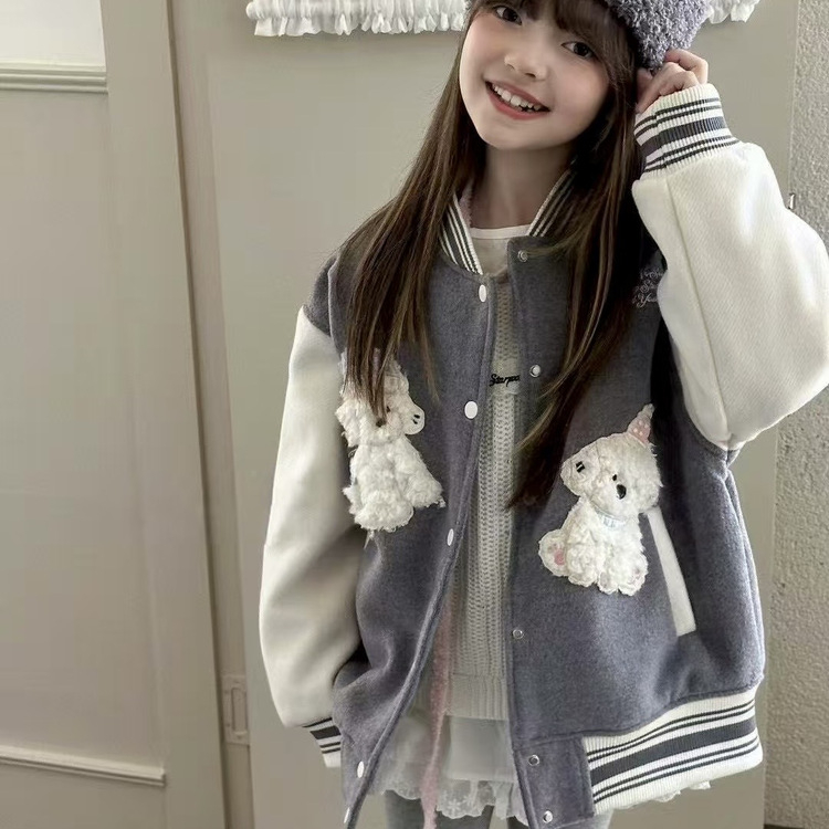 Jachetă baseball pentru fete, iarnă, cu broderie de cățeluș, guler rever, căptușeală din bumbac, stil japonez