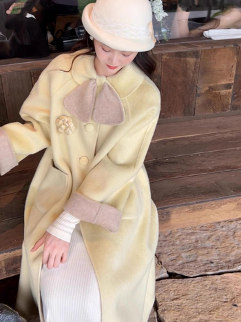 Chenille kaput s mašnom i gumbima, kratka duljina, japansko-korejski casual stil