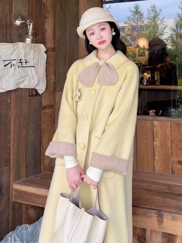 Chenille kaput s mašnom i gumbima, kratka duljina, japansko-korejski casual stil