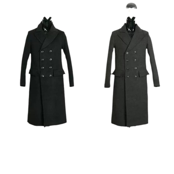 Palton bărbătesc până la genunchi, cu nasturi în dublu rând, cașmir, guler tip costum, croială lejeră