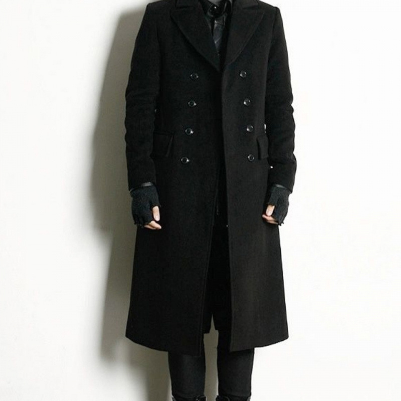 Palton bărbătesc până la genunchi, cu nasturi în dublu rând, cașmir, guler tip costum, croială lejeră