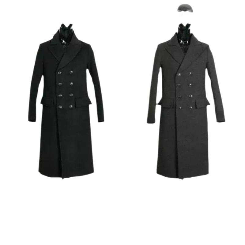 Palton bărbătesc până la genunchi, cu nasturi în dublu rând, cașmir, guler tip costum, croială lejeră