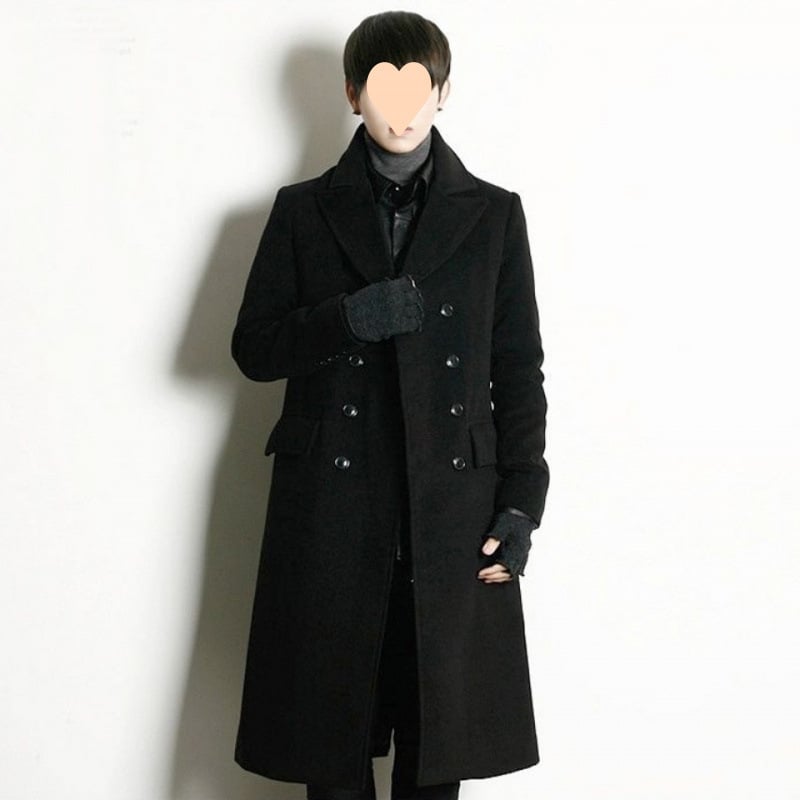 Palton bărbătesc până la genunchi, cu nasturi în dublu rând, cașmir, guler tip costum, croială lejeră
