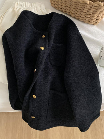 Cardigan Chenille cu guler din blană, închidere cu nasturi pe un singur rând, croială lejeră, stil casual japonez-coreean