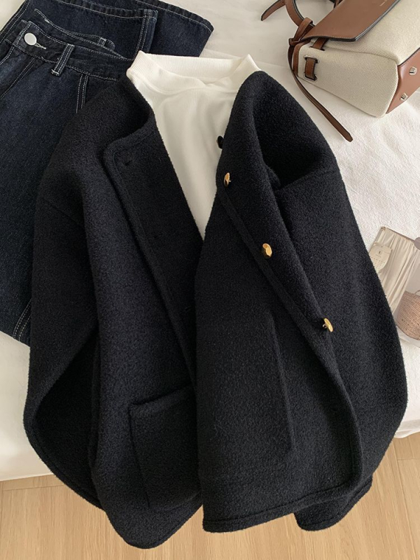 Cardigan Chenille cu guler din blană, închidere cu nasturi pe un singur rând, croială lejeră, stil casual japonez-coreean