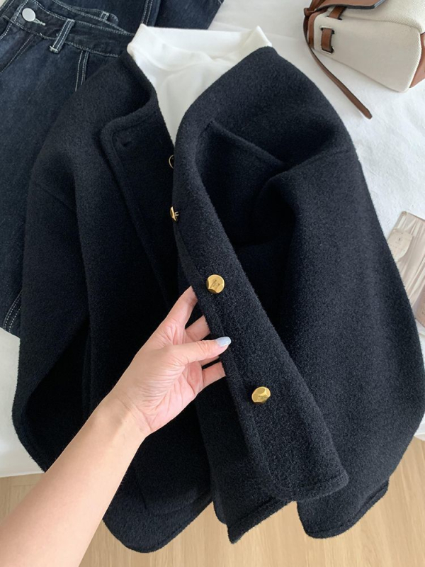 Cardigan Chenille cu guler din blană, închidere cu nasturi pe un singur rând, croială lejeră, stil casual japonez-coreean