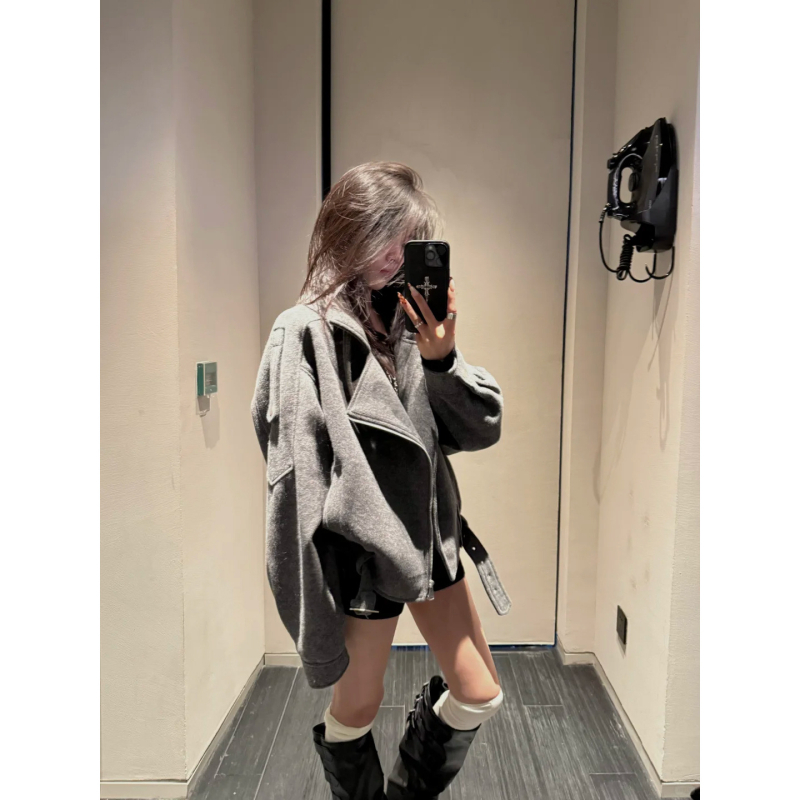 Palton scurt din lână pentru femei, stil japonez/coreean casual, croială lejeră, mâneci lungi, fermoar, toamnă 2025