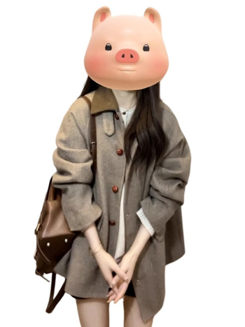 Palton din lână pentru femei, cu guler din blană, croială lejeră, închidere cu nasturi pe un singur rând, lungime scurtă 40–50 cm