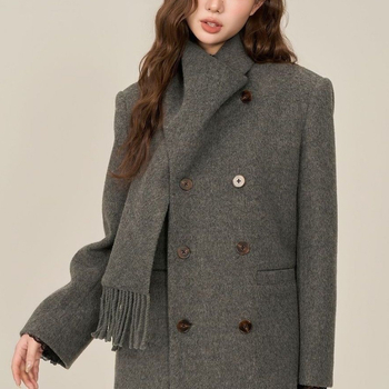 Palton lung din chenille pentru femei, guler-fular, nasturi dubli, amestec Spandex, stil lejer japonez-coreean