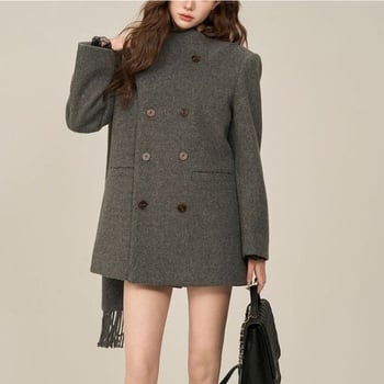 Palton lung din chenille pentru femei, guler-fular, nasturi dubli, amestec Spandex, stil lejer japonez-coreean