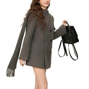 Palton lung din chenille pentru femei, guler-fular, nasturi dubli, amestec Spandex, stil lejer japonez-coreean