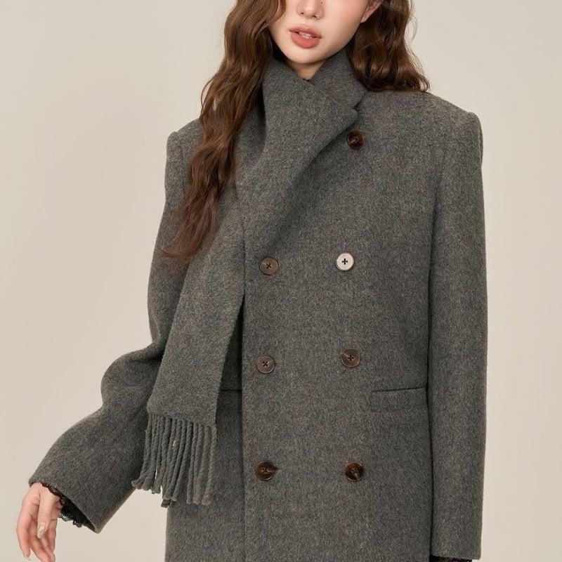 Palton lung din chenille pentru femei, guler-fular, nasturi dubli, amestec Spandex, stil lejer japonez-coreean