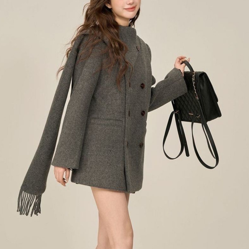 Palton lung din chenille pentru femei, guler-fular, nasturi dubli, amestec Spandex, stil lejer japonez-coreean