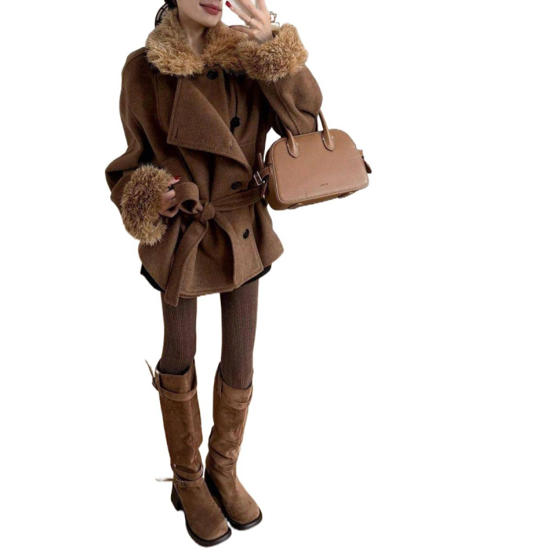 Palton scurt pentru femei cu guler de blană, stil japono-coreean lejer, poliester cu elastan <30%, mâneci lungi