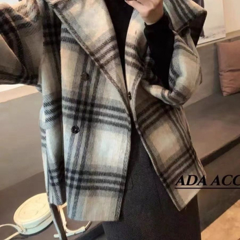 Palton din Chenille pentru femei, dublu fațetat, carouri, croială scurtă, croială lejeră, mâneci 3/4