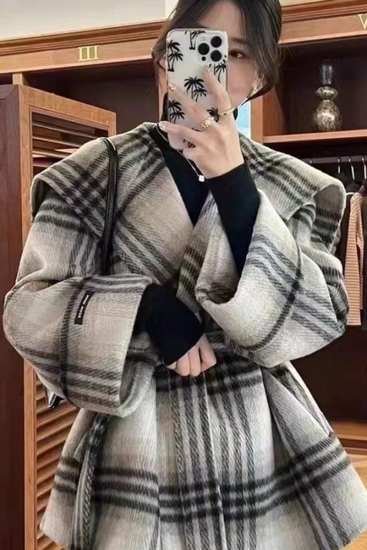 Palton din Chenille pentru femei, dublu fațetat, carouri, croială scurtă, croială lejeră, mâneci 3/4