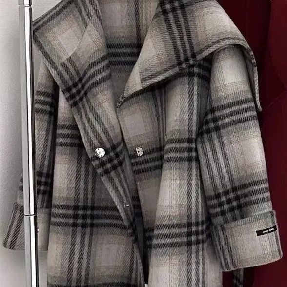 Palton din Chenille pentru femei, dublu fațetat, carouri, croială scurtă, croială lejeră, mâneci 3/4