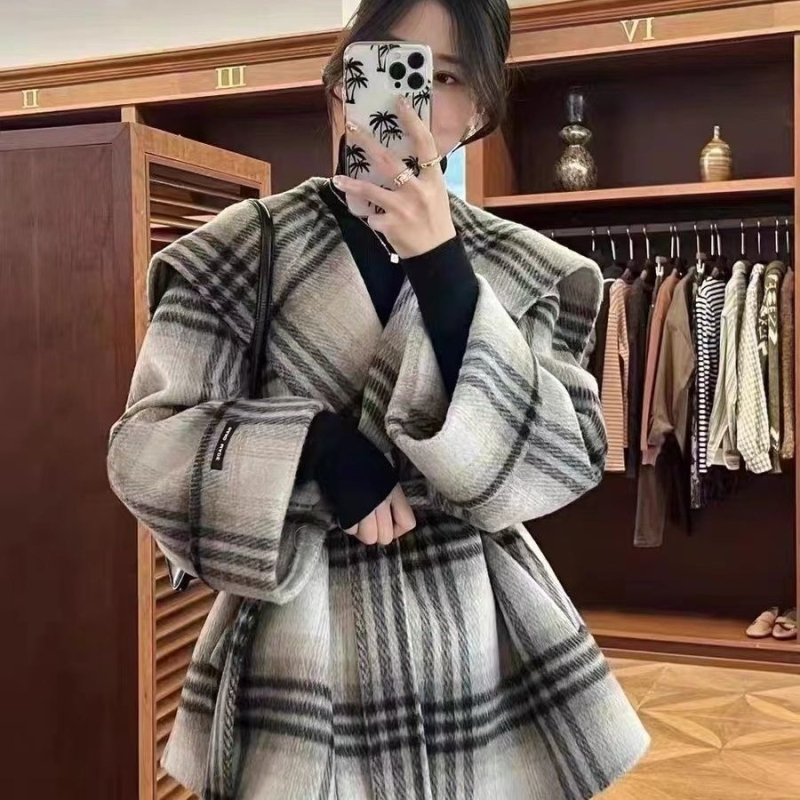 Palton din Chenille pentru femei, dublu fațetat, carouri, croială scurtă, croială lejeră, mâneci 3/4