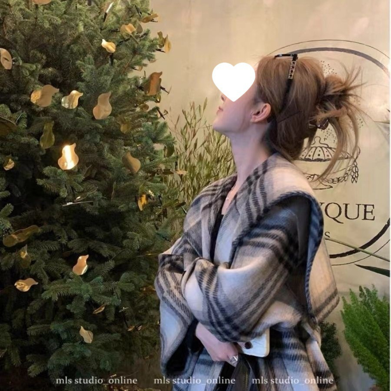 Palton din Chenille pentru femei, dublu fațetat, carouri, croială scurtă, croială lejeră, mâneci 3/4