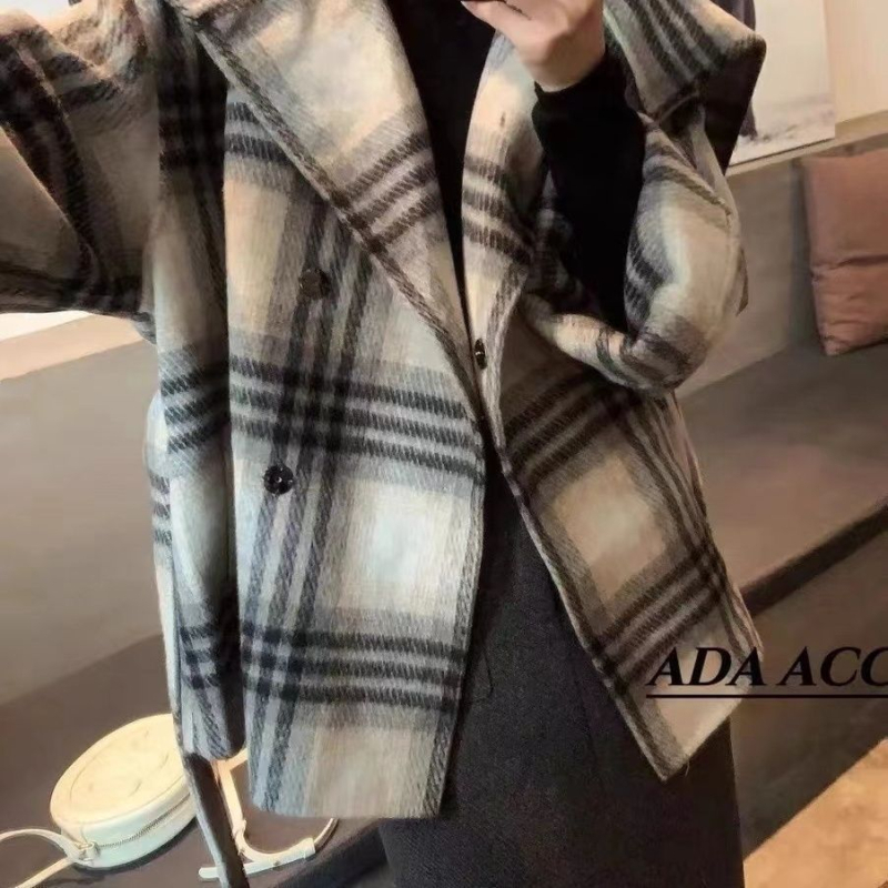 Palton din Chenille pentru femei, dublu fațetat, carouri, croială scurtă, croială lejeră, mâneci 3/4