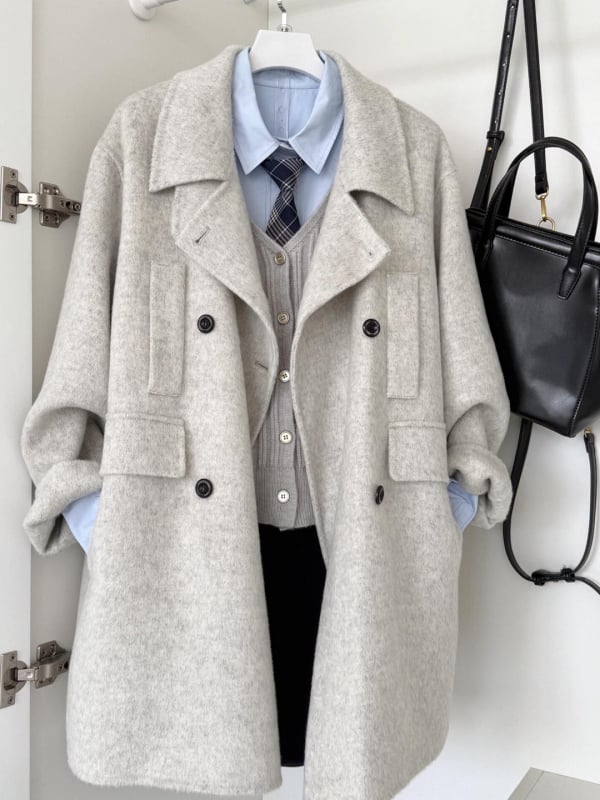 Palton Chenille pentru femei cu guler de blană, închidere dublă, lungime scurtă, amestec Spandex (țesătură: Chenille; conținut <30%; stil japonez-coreean casual)