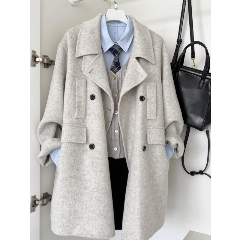 Palton Chenille pentru femei cu guler de blană, închidere dublă, lungime scurtă, amestec Spandex (țesătură: Chenille; conținut <30%; stil japonez-coreean casual)