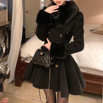 Palton din lână Xin Yizi cu talie accentuată, guler de blană, nasturi dubli, croială slim, mâneci lungi pentru femei adulte