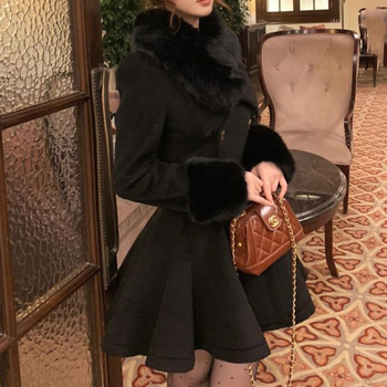 Palton din lână Xin Yizi cu talie accentuată, guler de blană, nasturi dubli, croială slim, mâneci lungi pentru femei adulte