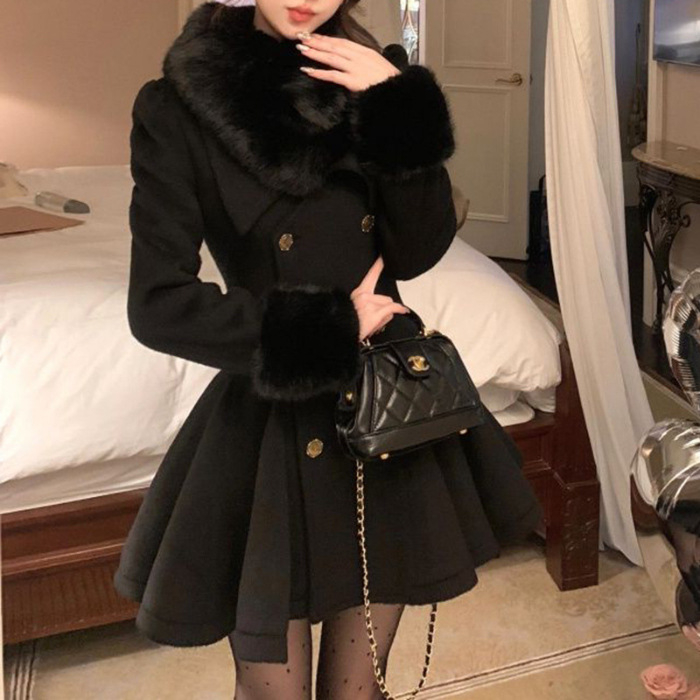 Palton din lână Xin Yizi cu talie accentuată, guler de blană, nasturi dubli, croială slim, mâneci lungi pentru femei adulte