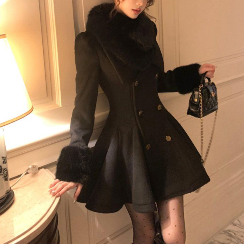 Palton din lână Xin Yizi cu talie accentuată, guler de blană, nasturi dubli, croială slim, mâneci lungi pentru femei adulte