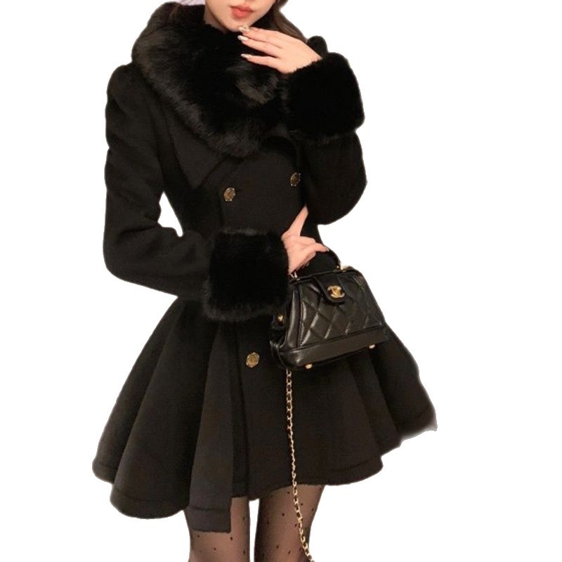 Palton din lână Xin Yizi cu talie accentuată, guler de blană, nasturi dubli, croială slim, mâneci lungi pentru femei adulte