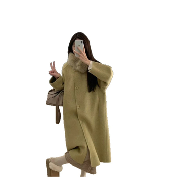 Palton din lână, lungime medie, cu guler detașabil din blană artificială, închidere cu nasturi, croială lejeră, mâneci lungi, guler rotund, pentru femei, toamna 2025