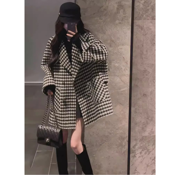 Palton chenille cu model houndstooth, gros, rever, nasture simplu, stil japonez-coreean