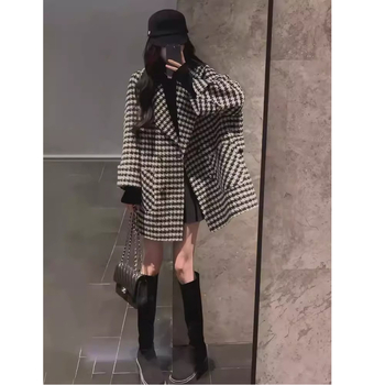 Palton chenille cu model houndstooth, gros, rever, nasture simplu, stil japonez-coreean