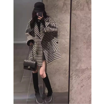 Palton chenille cu model houndstooth, gros, rever, nasture simplu, stil japonez-coreean