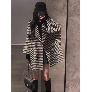Palton chenille cu model houndstooth, gros, rever, nasture simplu, stil japonez-coreean