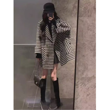 Palton chenille cu model houndstooth, gros, rever, nasture simplu, stil japonez-coreean