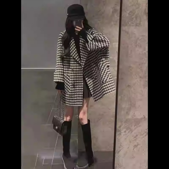 Palton chenille cu model houndstooth, gros, rever, nasture simplu, stil japonez-coreean