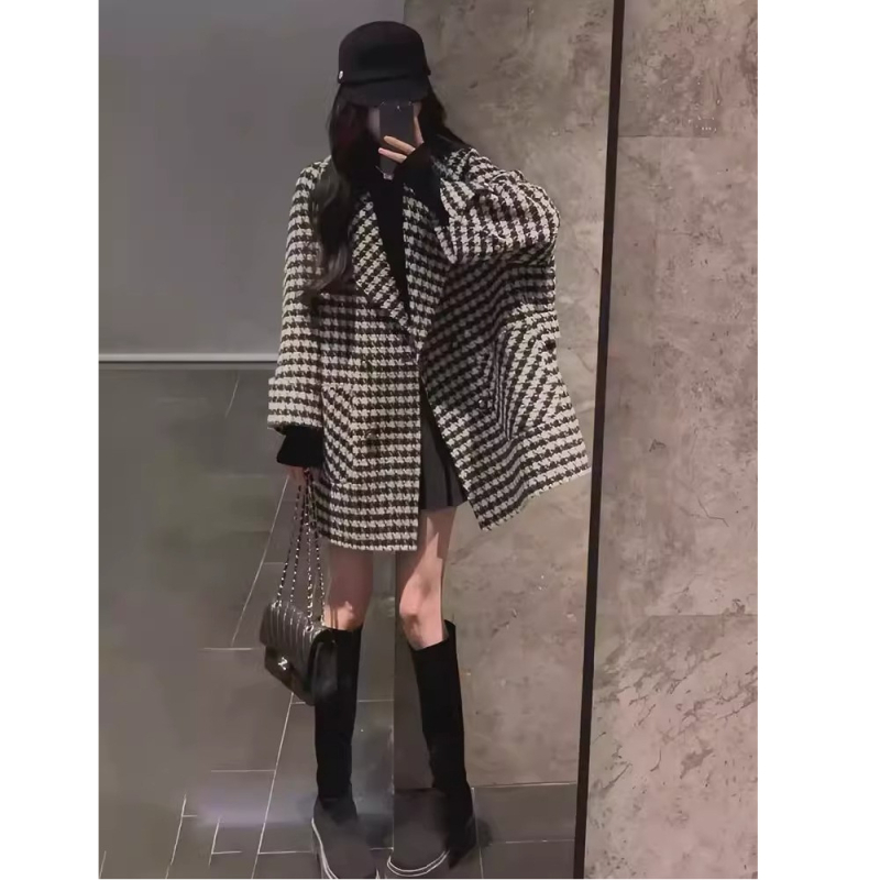 Palton chenille cu model houndstooth, gros, rever, nasture simplu, stil japonez-coreean