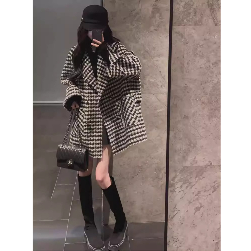Palton chenille cu model houndstooth, gros, rever, nasture simplu, stil japonez-coreean