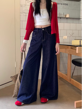 Γυναικεία φαρδιά τζιν με υψηλή μέση, μήκος μέχρι το πάτωμα, denim (βαμβάκι 50–70%, πολυεστέρας <30%), χωρίς ελαστικότητα