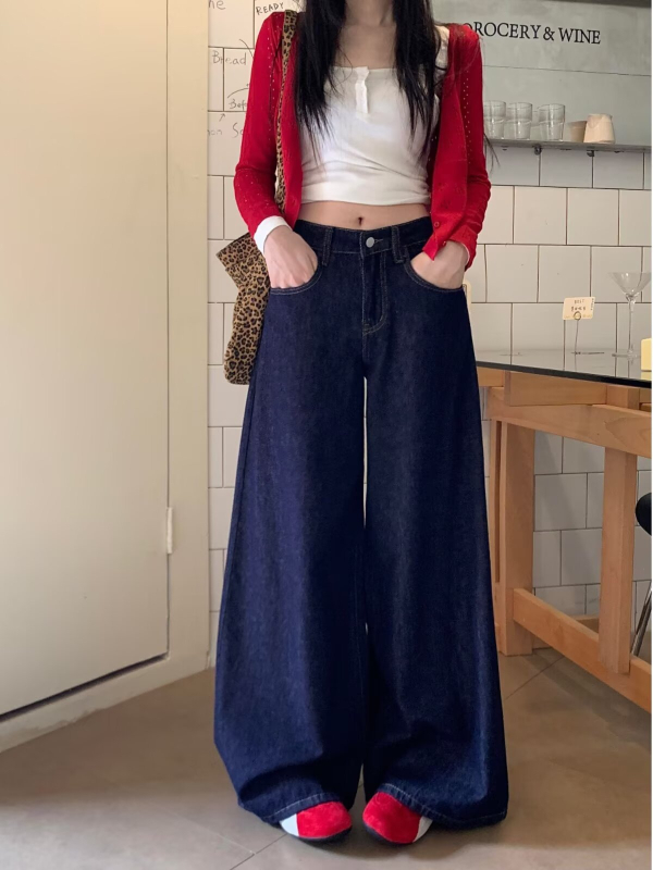 Γυναικεία φαρδιά τζιν με υψηλή μέση, μήκος μέχρι το πάτωμα, denim (βαμβάκι 50–70%, πολυεστέρας <30%), χωρίς ελαστικότητα