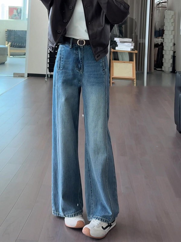 Blugi retro pentru femei, cu picioare largi, talie înaltă, amestec bumbac-denim, croială dreaptă