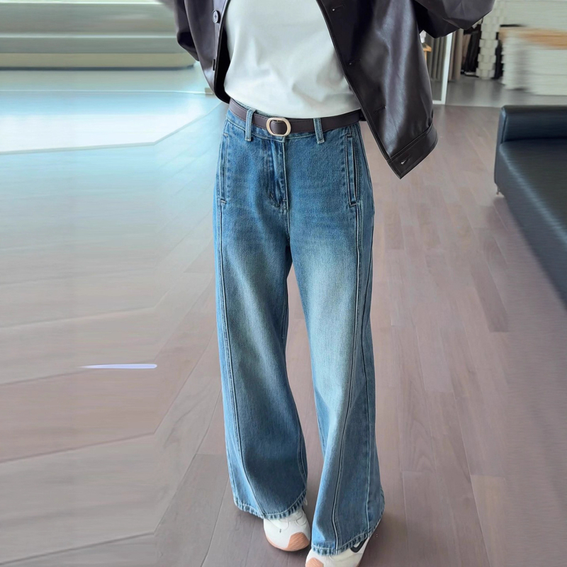 Blugi retro pentru femei, cu picioare largi, talie înaltă, amestec bumbac-denim, croială dreaptă