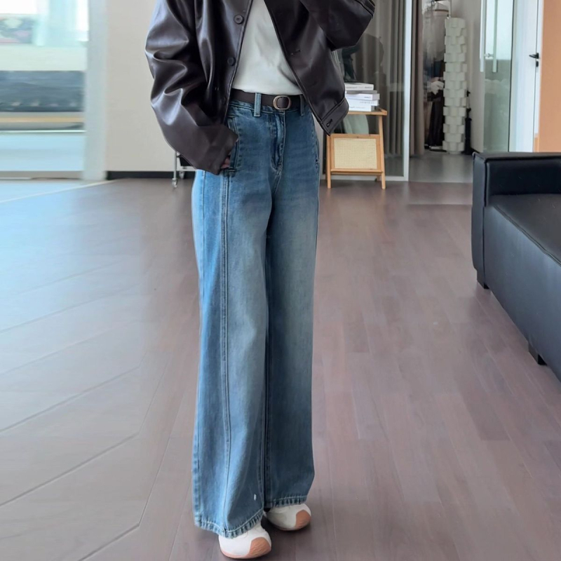 Blugi retro pentru femei, cu picioare largi, talie înaltă, amestec bumbac-denim, croială dreaptă