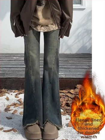 Vintage traperice s izrezima na rubovima i fleecem navlakom za žene, zimski stil, visokim strukom, prekrivaju bokove, laskaju siluetu, elastične, blago šire nogavice