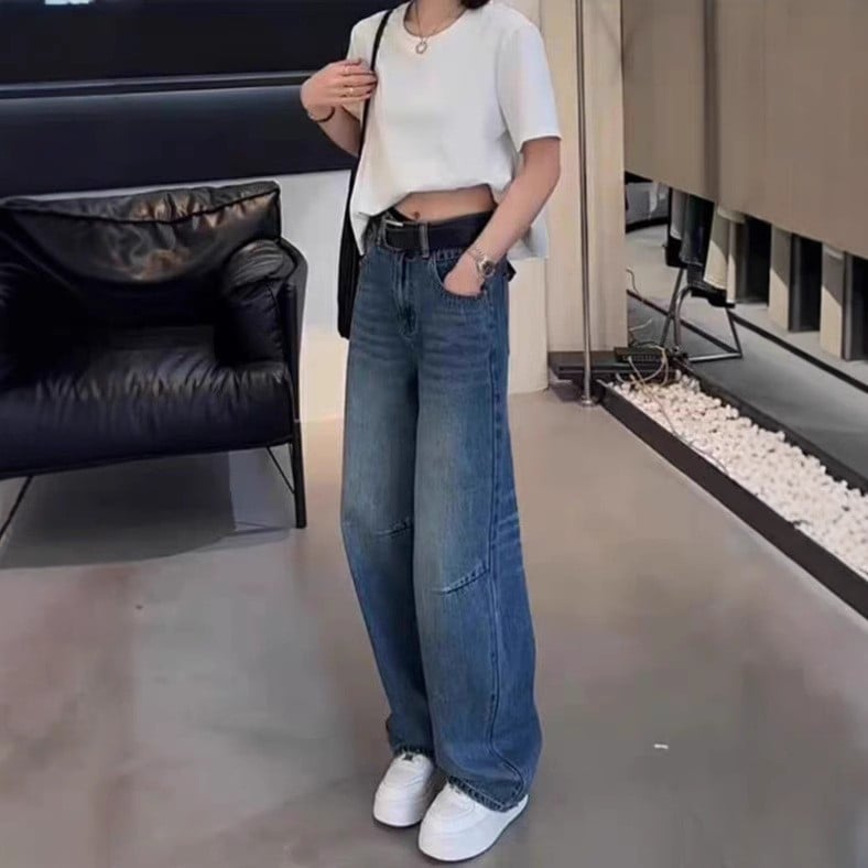 Jeansi cu croială largă, talie înaltă, denim 50–70% bumbac, toamnă 2024, tratament anti călcare