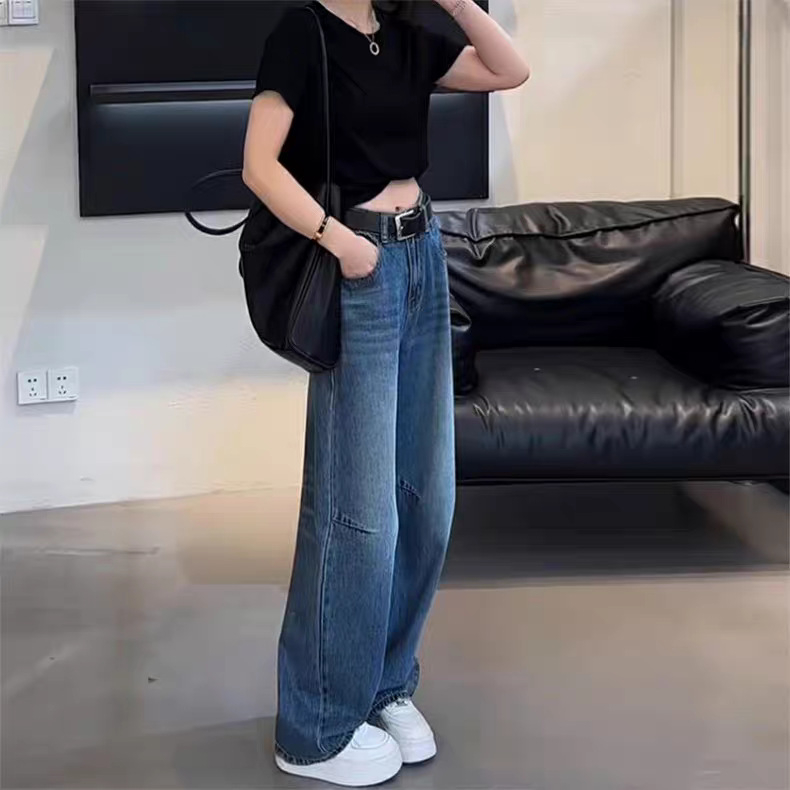 Jeansi cu croială largă, talie înaltă, denim 50–70% bumbac, toamnă 2024, tratament anti călcare